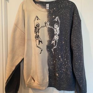 DANCING SKELETONS BLEACH DYE HALF AND HALF SWEATSHIRT HALLOWEEN